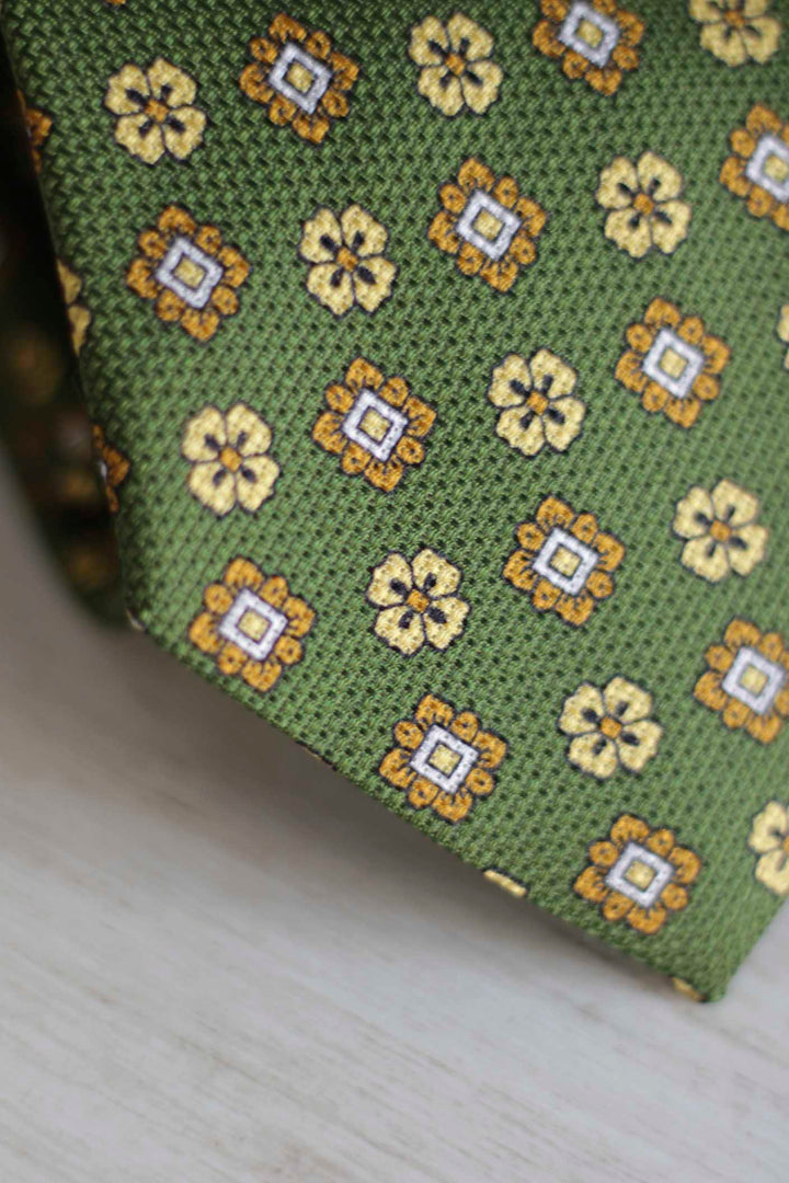 Heron Silk Tie Olive Green Burgundy Yellow Daisy, Ocher and White