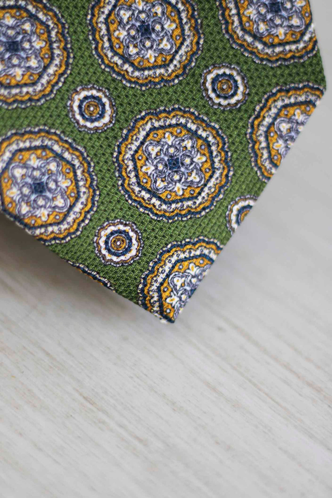 Olive Green Heron Silk Tie Light Blue Daisy and Ocher Rudder