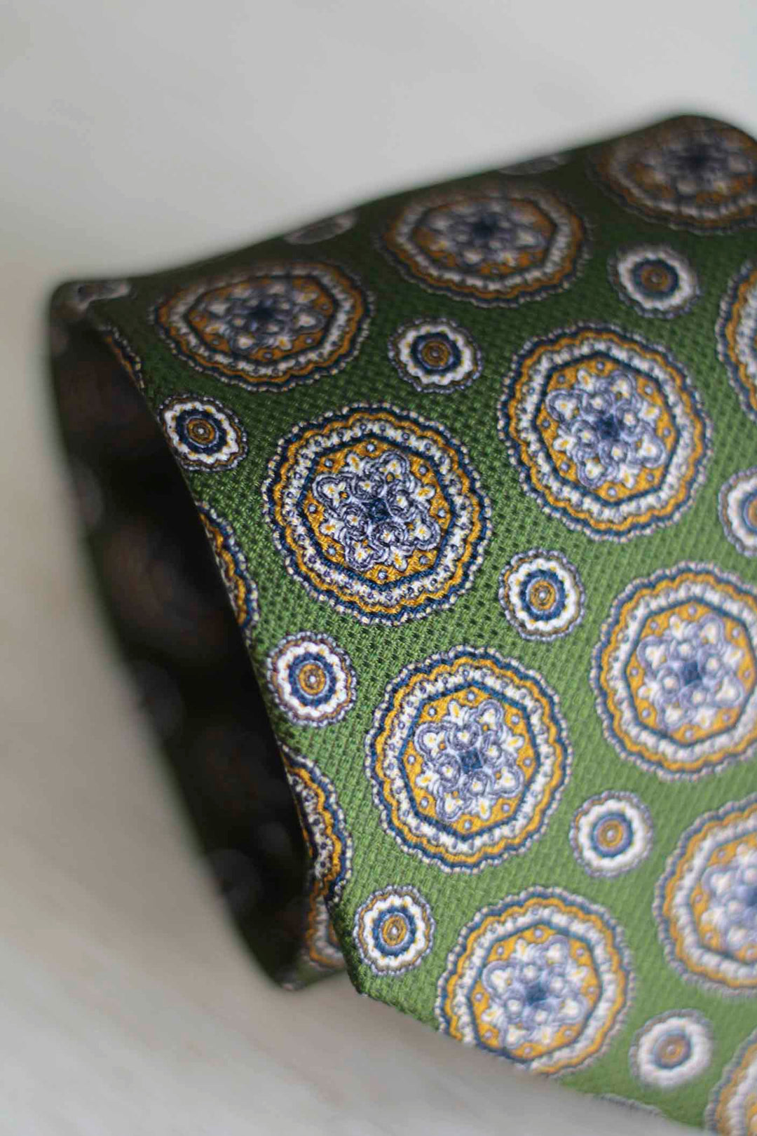 Olive Green Heron Silk Tie Light Blue Daisy and Ocher Rudder