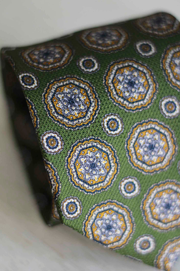 Olive Green Heron Silk Tie Light Blue Daisy and Ocher Rudder