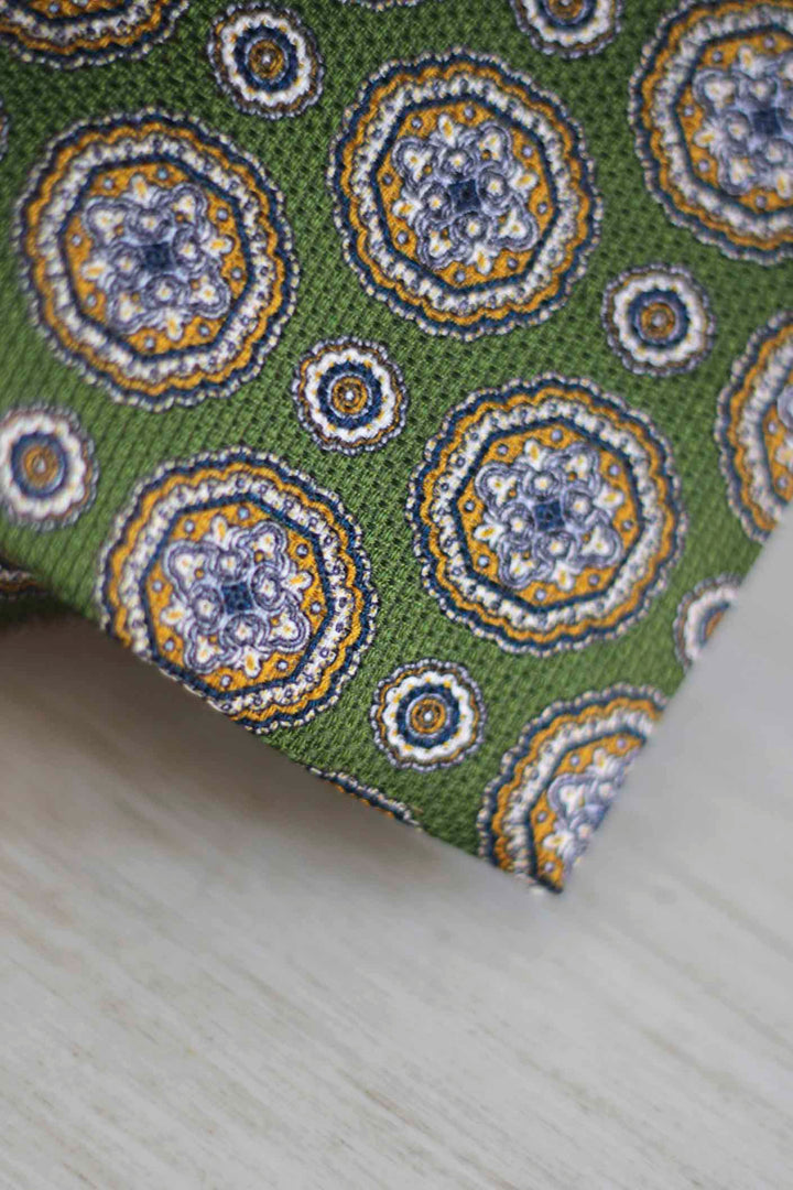 Olive Green Heron Silk Tie Light Blue Daisy and Ocher Rudder