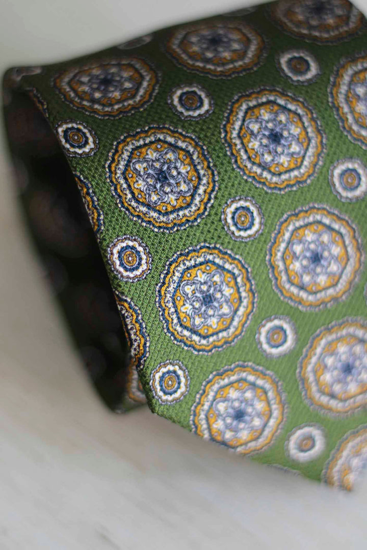 Olive Green Heron Silk Tie Light Blue Daisy and Ocher Rudder