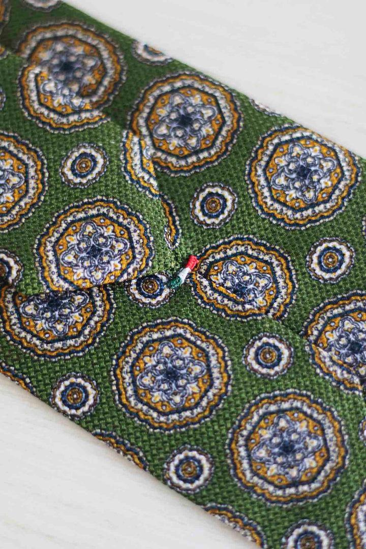 Olive Green Heron Silk Tie Light Blue Daisy and Ocher Rudder