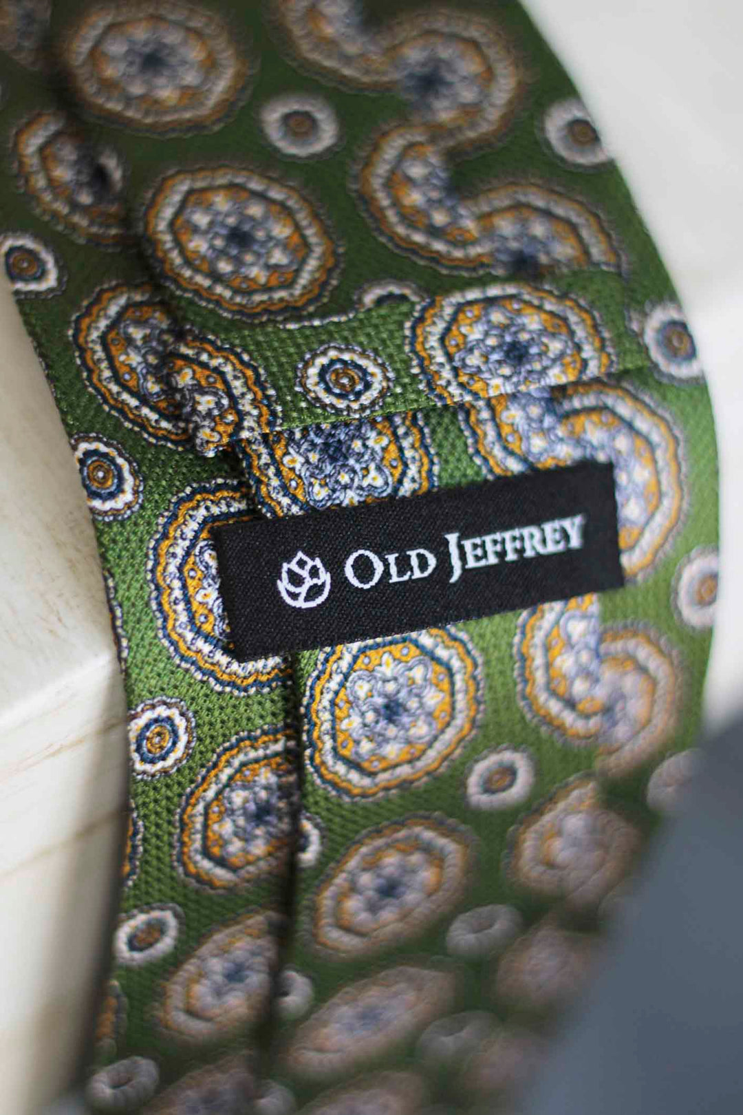 Olive Green Heron Silk Tie Light Blue Daisy and Ocher Rudder