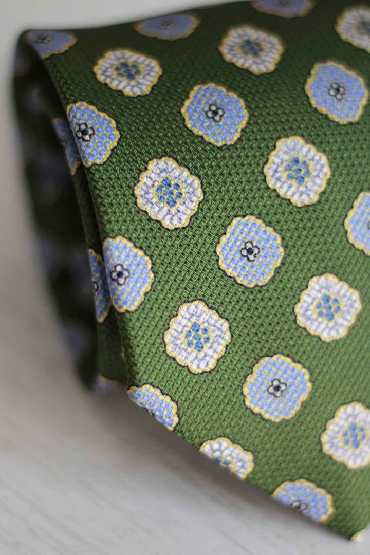 Olive Green Heron Silk Tie Light Blue Daisy and Ocher Rudder