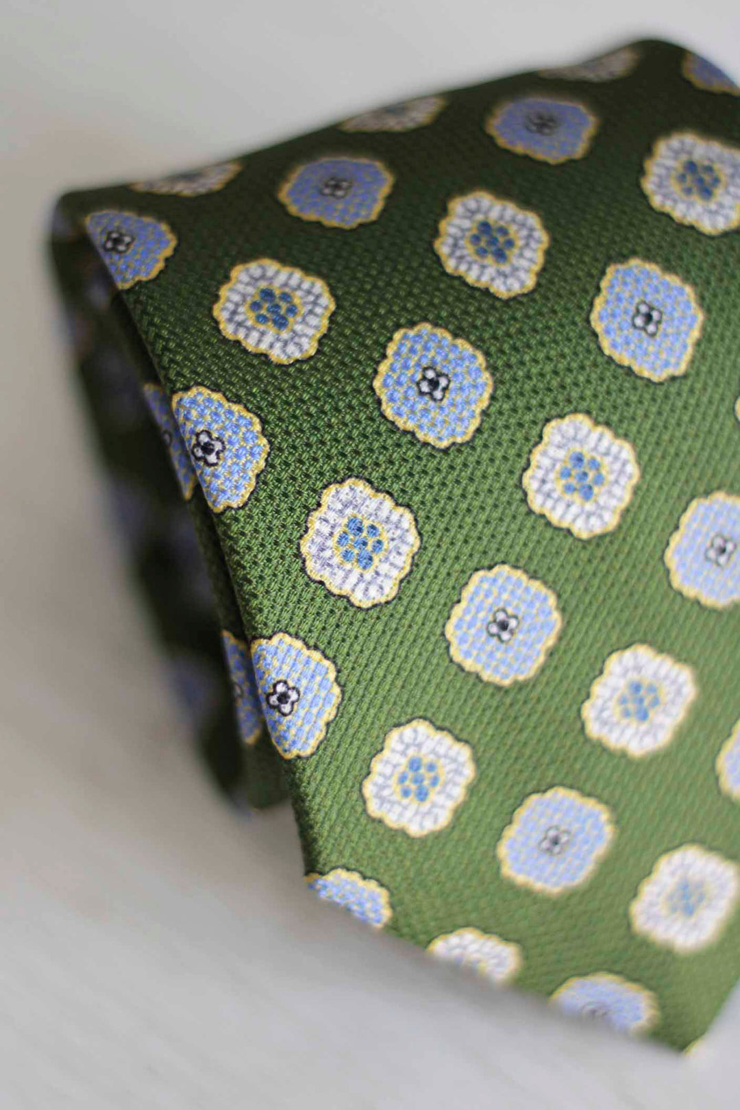 Olive Green Heron Silk Tie Light Blue Daisy and Ocher Rudder