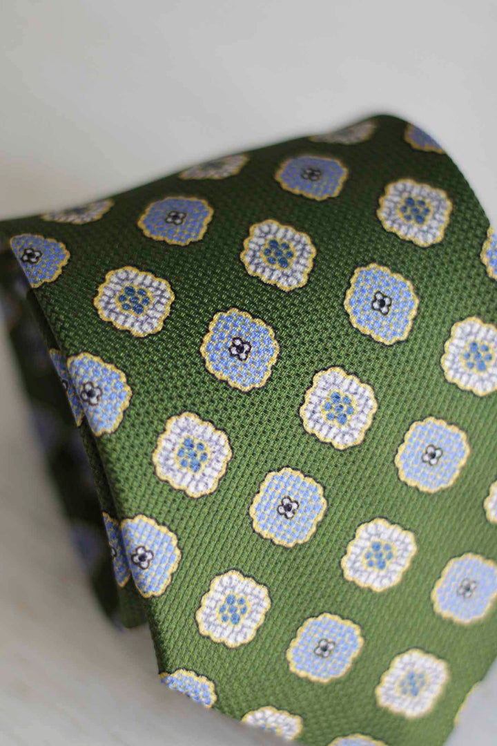 Olive Green Heron Silk Tie Light Blue Daisy and Ocher Rudder