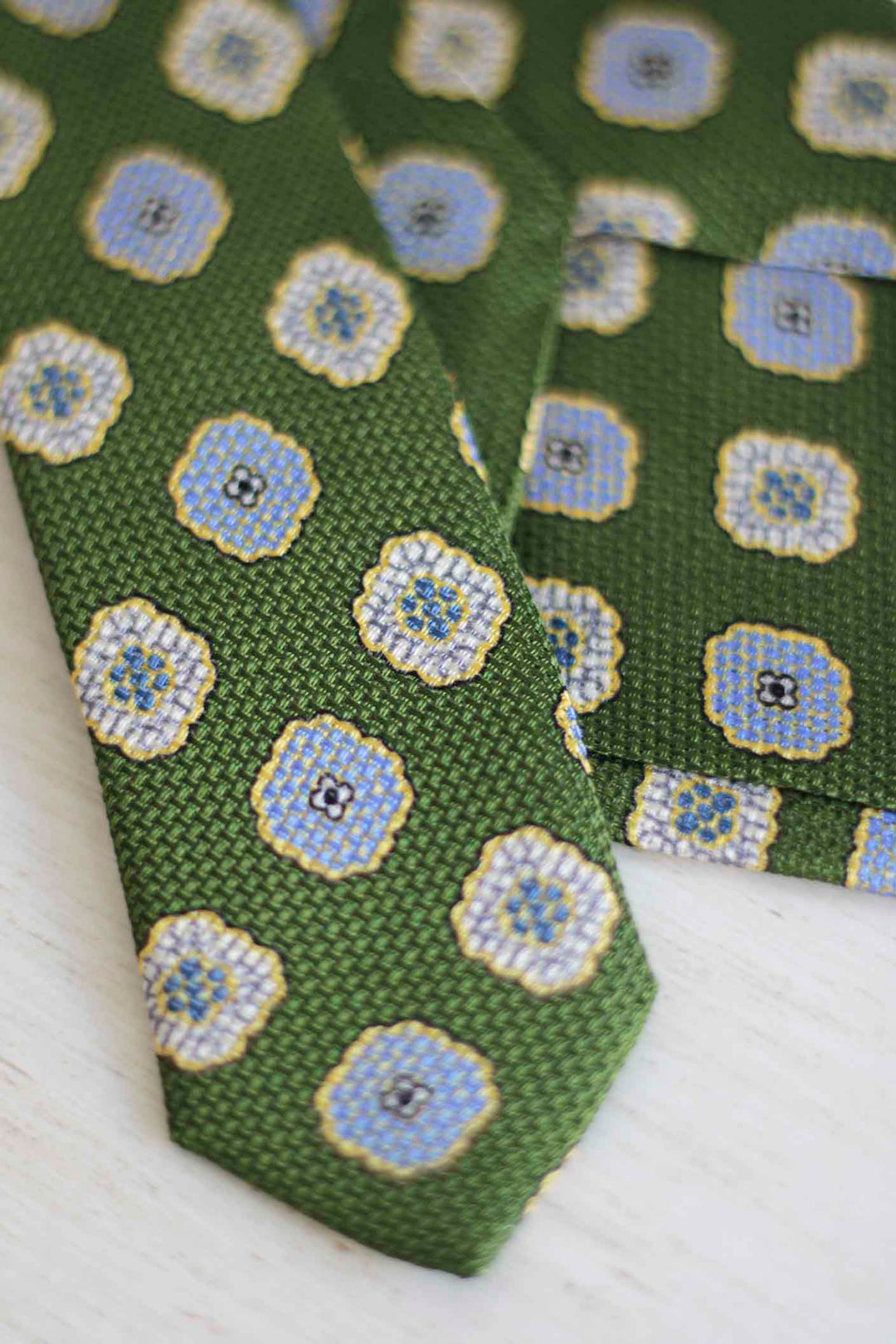 Olive Green Heron Silk Tie Light Blue Daisy and Ocher Rudder