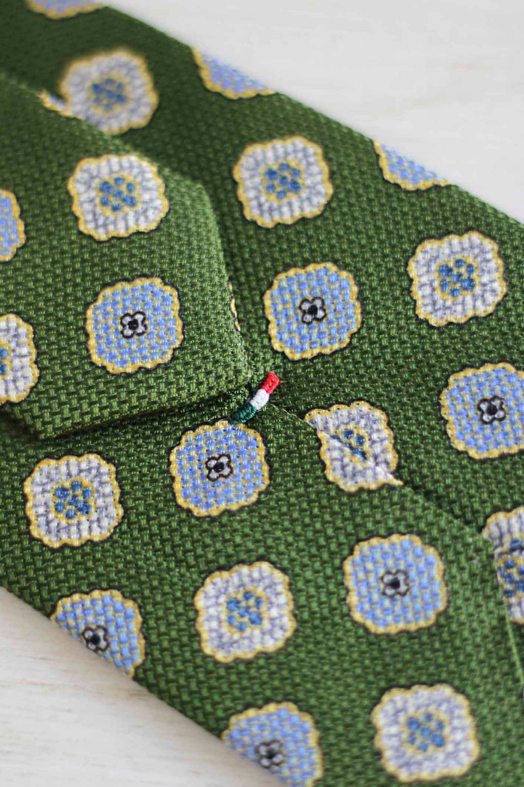 Olive Green Heron Silk Tie Light Blue Daisy and Ocher Rudder