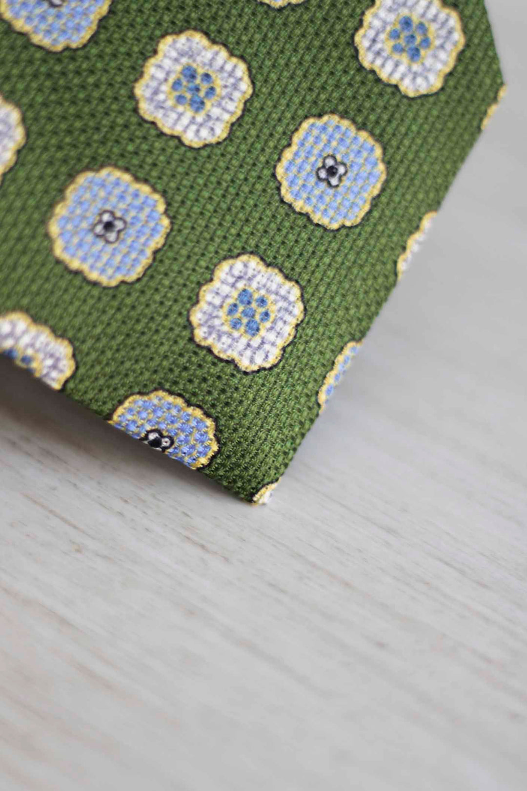 Olive Green Heron Silk Tie Light Blue Daisy and Ocher Rudder