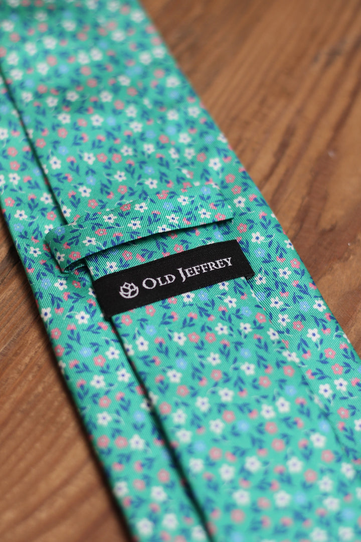 Turquoise Blue Silk Seven-Fold Tie with Möbius Floral Design 