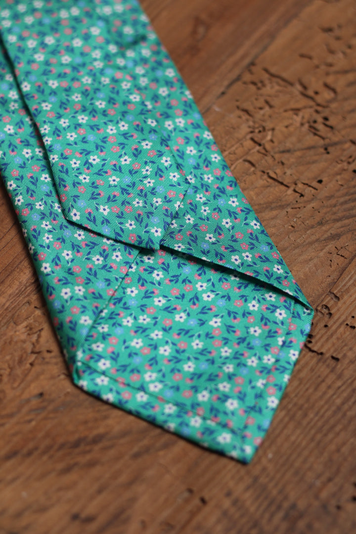 Corbata Siete Pliegues Seda Azul Turquesa Diseño Floral Möbius