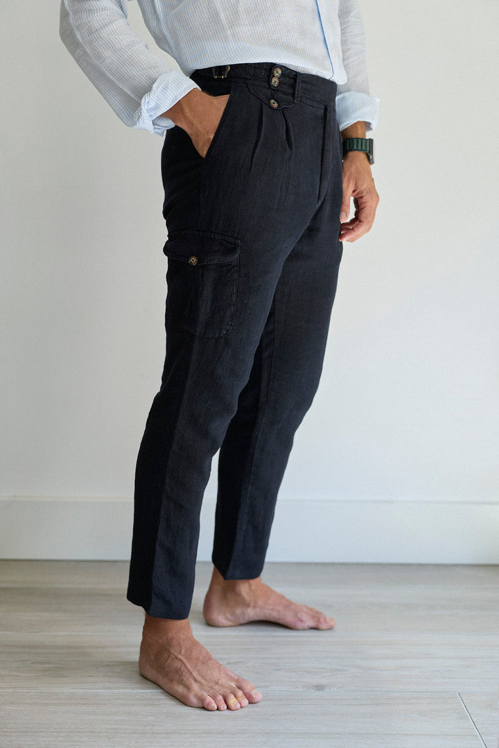 Calça cargo de linho azul marinho
