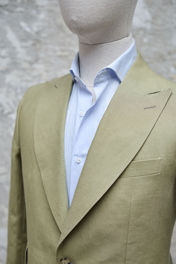 Light Olive Green Linen MTM Suit Bottled Spearhead Lapels 11 cm