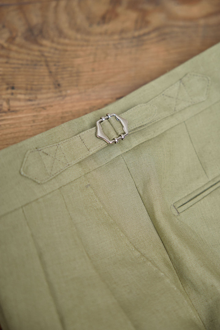 Light Olive Green Linen MTM Suit Bottled Spearhead Lapels 11 cm