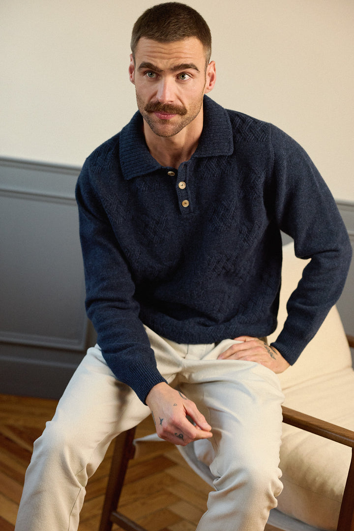 Polo Punto Manga Larga Relieve Azul Marino