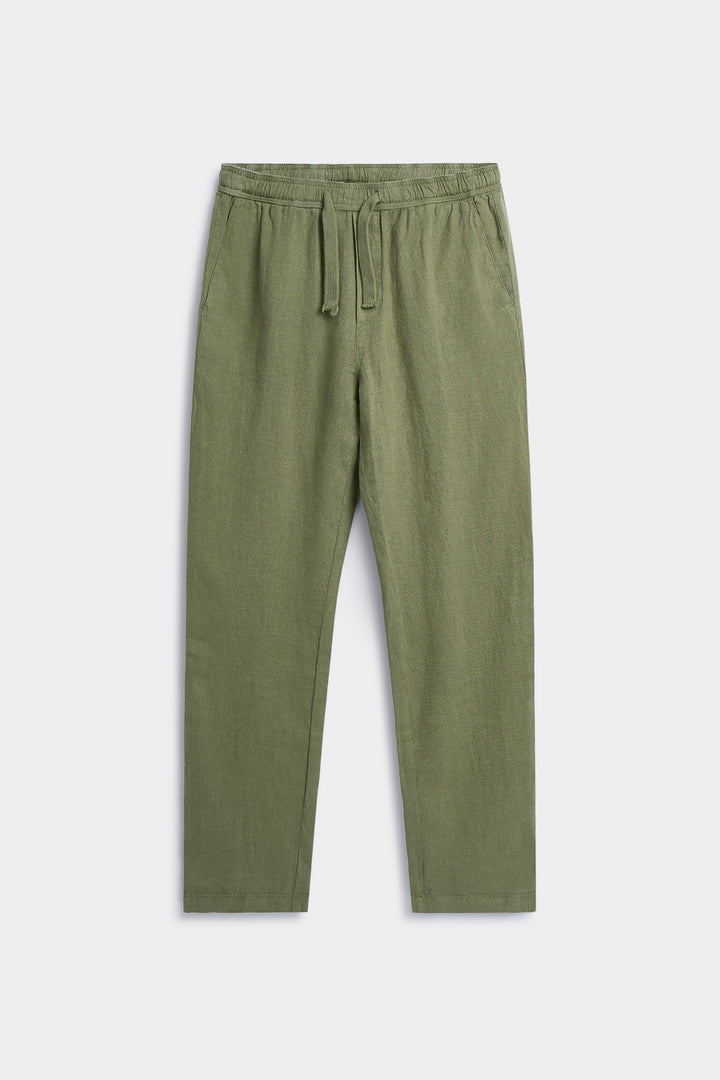 Calça de linho verde cáqui com cordão na cintura