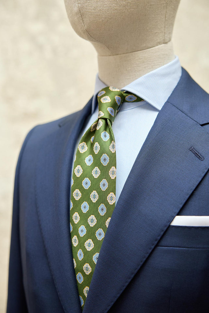 Corbata Napoli Seda Verde Albahaca Geometría Colmena Amarillo y Celeste