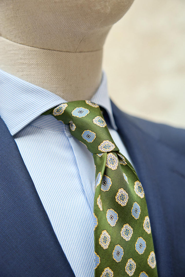 Corbata Napoli Seda Verde Albahaca Geometría Colmena Amarillo y Celeste