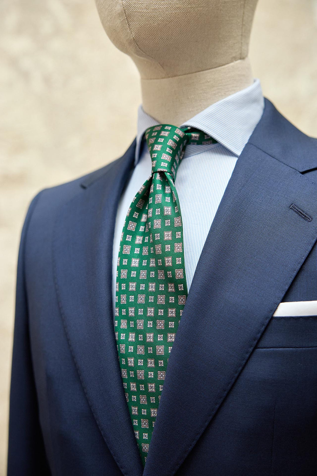 Corbata Napoli Seda Verde Botella Geometría Mixta Blanco Hueso