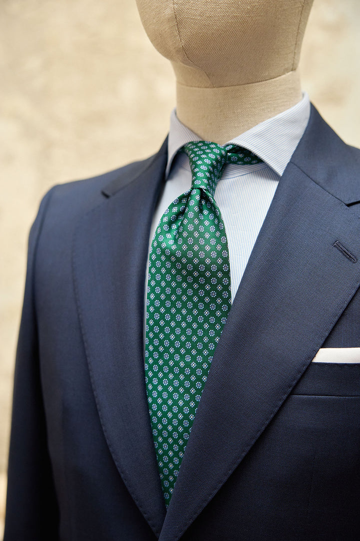 Corbata Napoli Seda Verde Margaritas Mixtas Celestes y Blancas