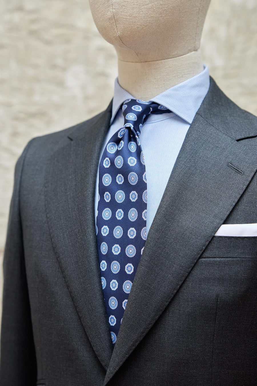 Napoli Navy Blue Silk Tie with Sky Blue and White Shields