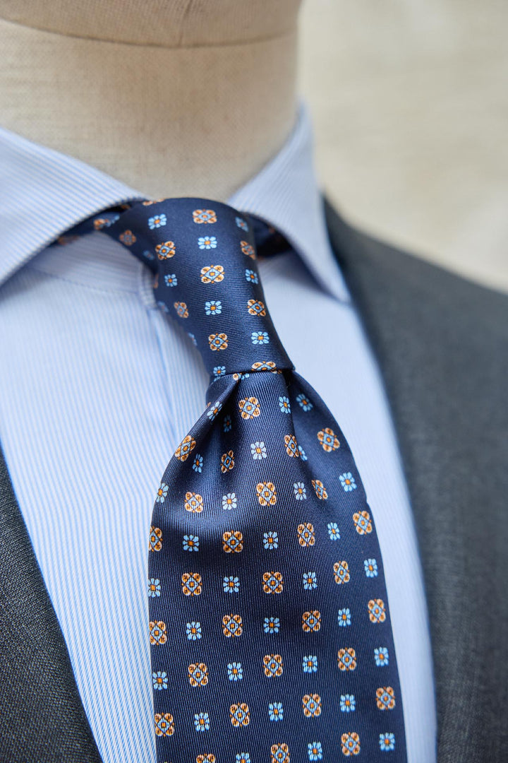 Napoli Navy Blue Silk Tie Daisies and Light Blue Shields