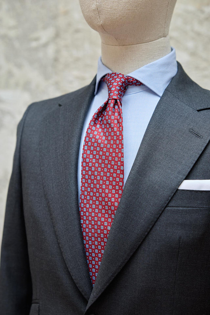 Corbata Napoli Seda Rojo Rubí Geometría Celeste y Blanco