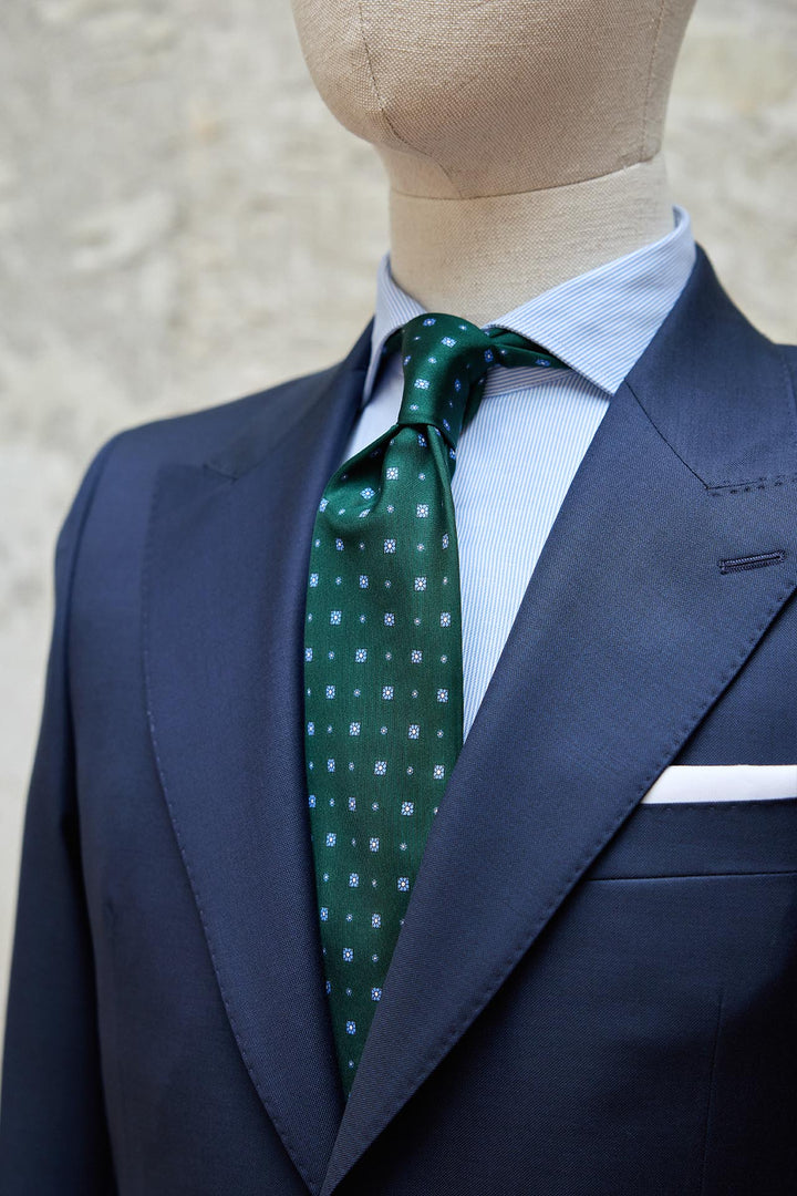 Corbata Napoli Seda Verde Pino Margaritas Celestes