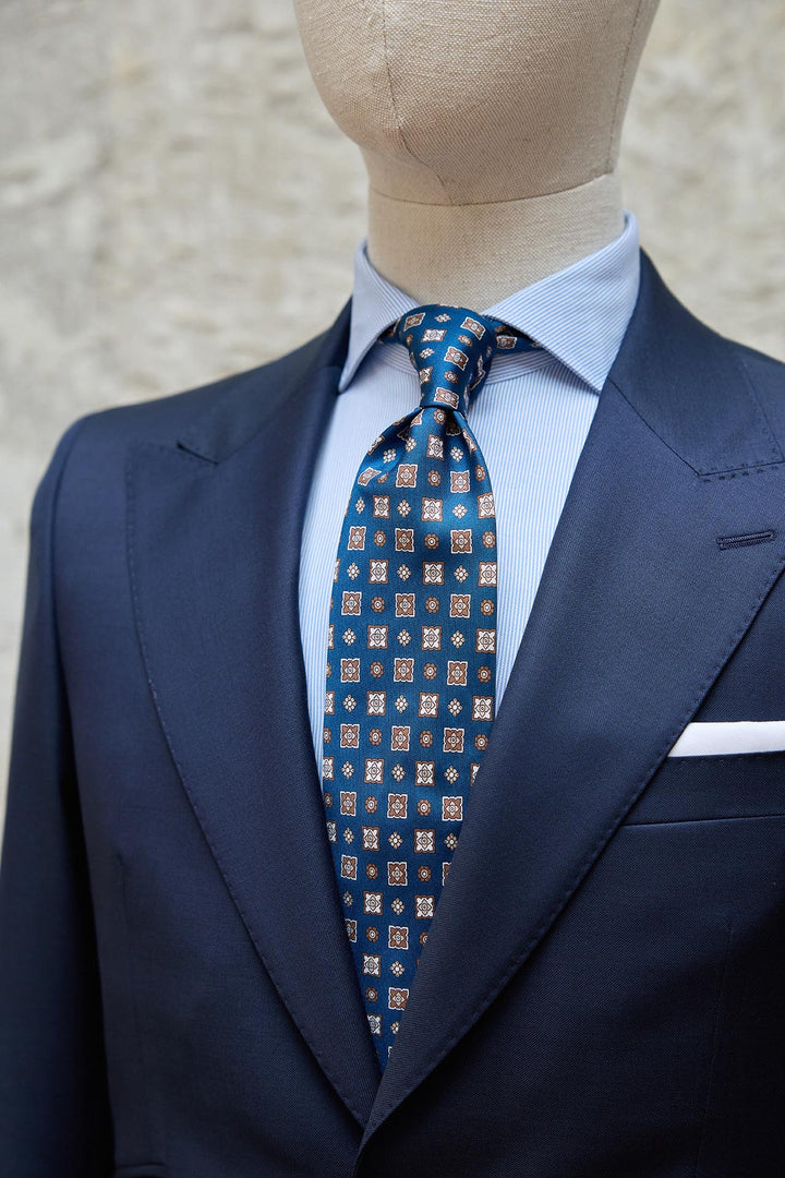 Napoli Silk Tie Royal Blue Mixed Latte Brown and White Geometry