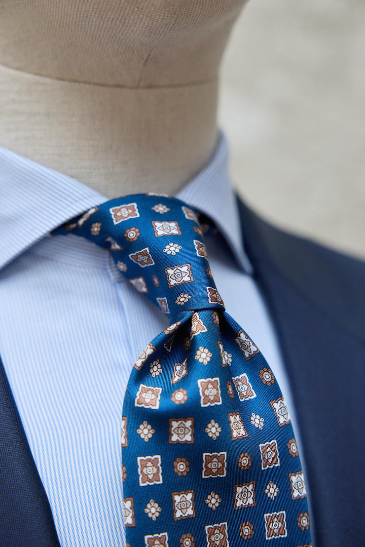 Napoli Silk Tie Royal Blue Mixed Latte Brown and White Geometry