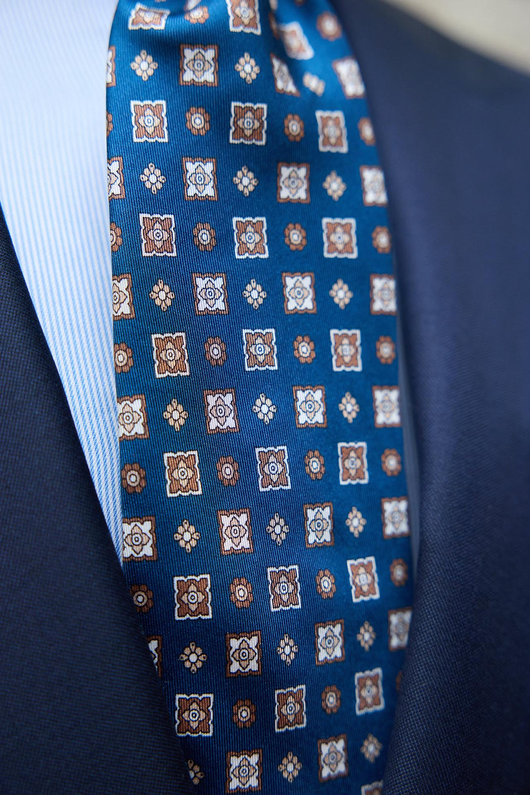 Napoli Silk Tie Royal Blue Mixed Latte Brown and White Geometry