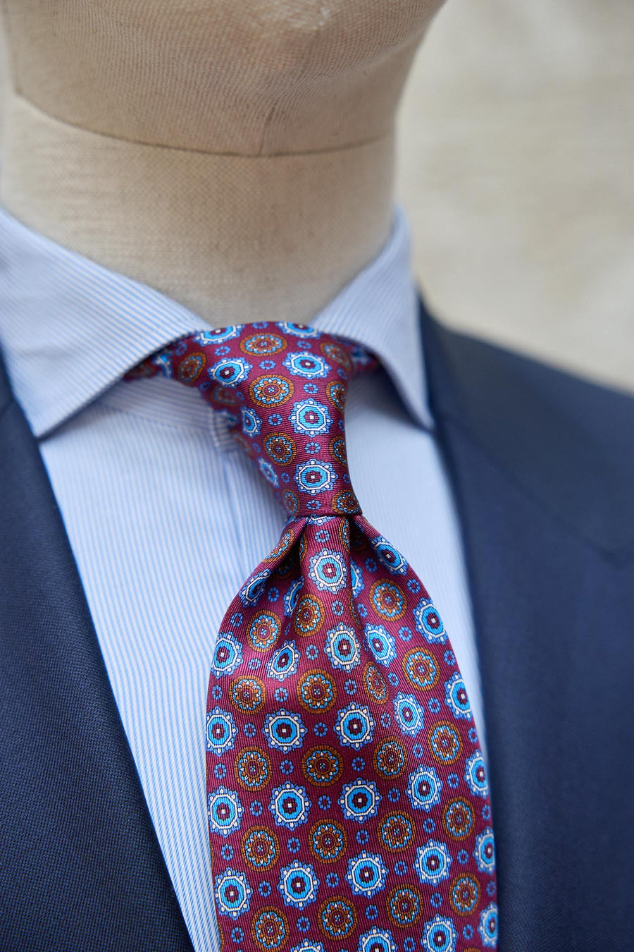 Napoli Silk Tie Burgundy Geometry Sky Blue, Amber and White