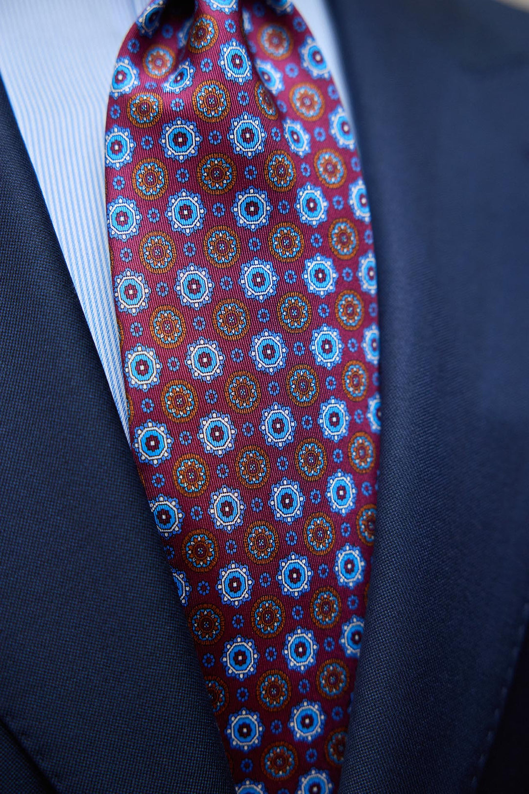 Old Jeffrey Corbata Napoli Seda Burdeos Geometría Celeste, Ámbar