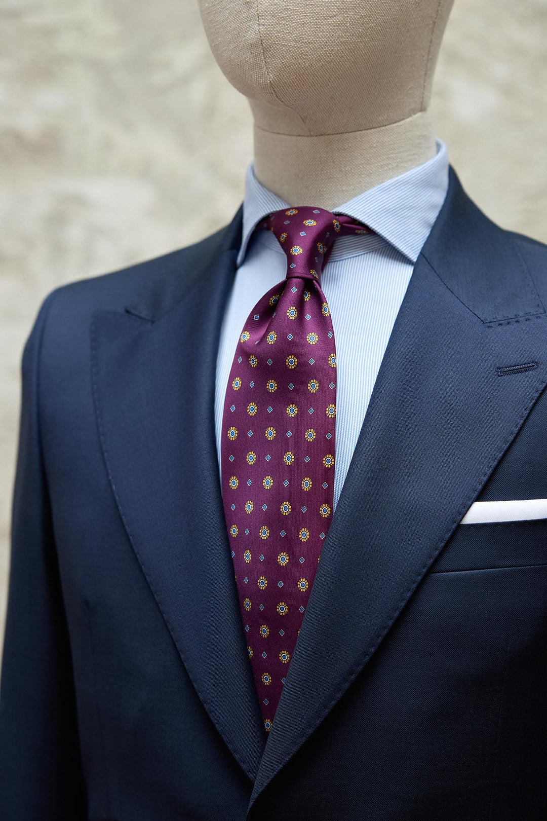 Napoli Silk Tie Burgundy Medallion Mustard Grey Rhombus