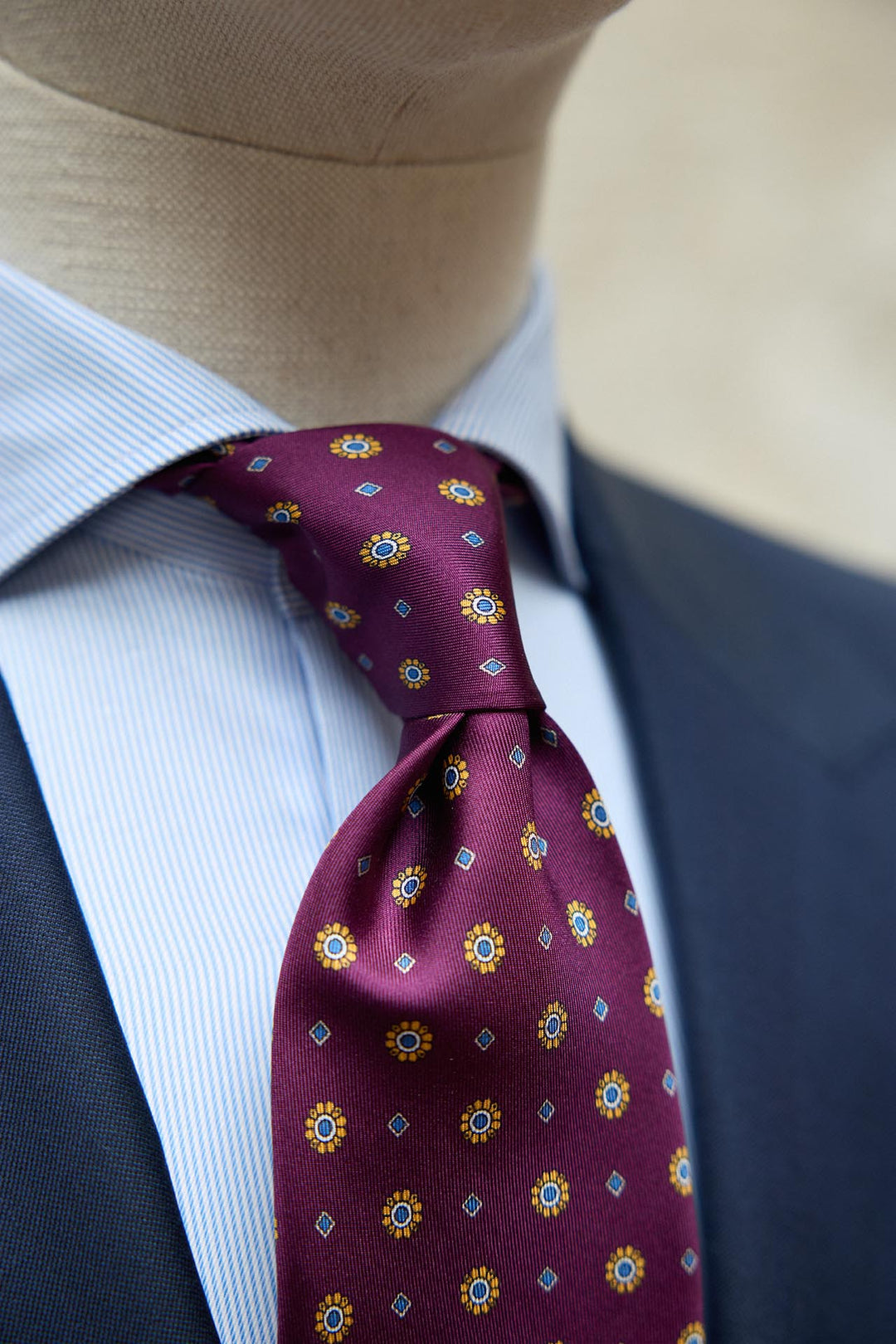 Napoli Silk Tie Burgundy Medallion Mustard Grey Rhombus