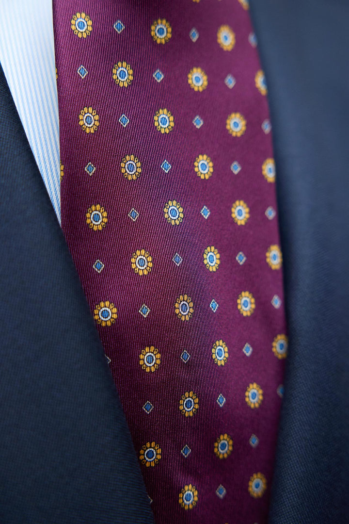 Napoli Silk Tie Burgundy Medallion Mustard Grey Rhombus