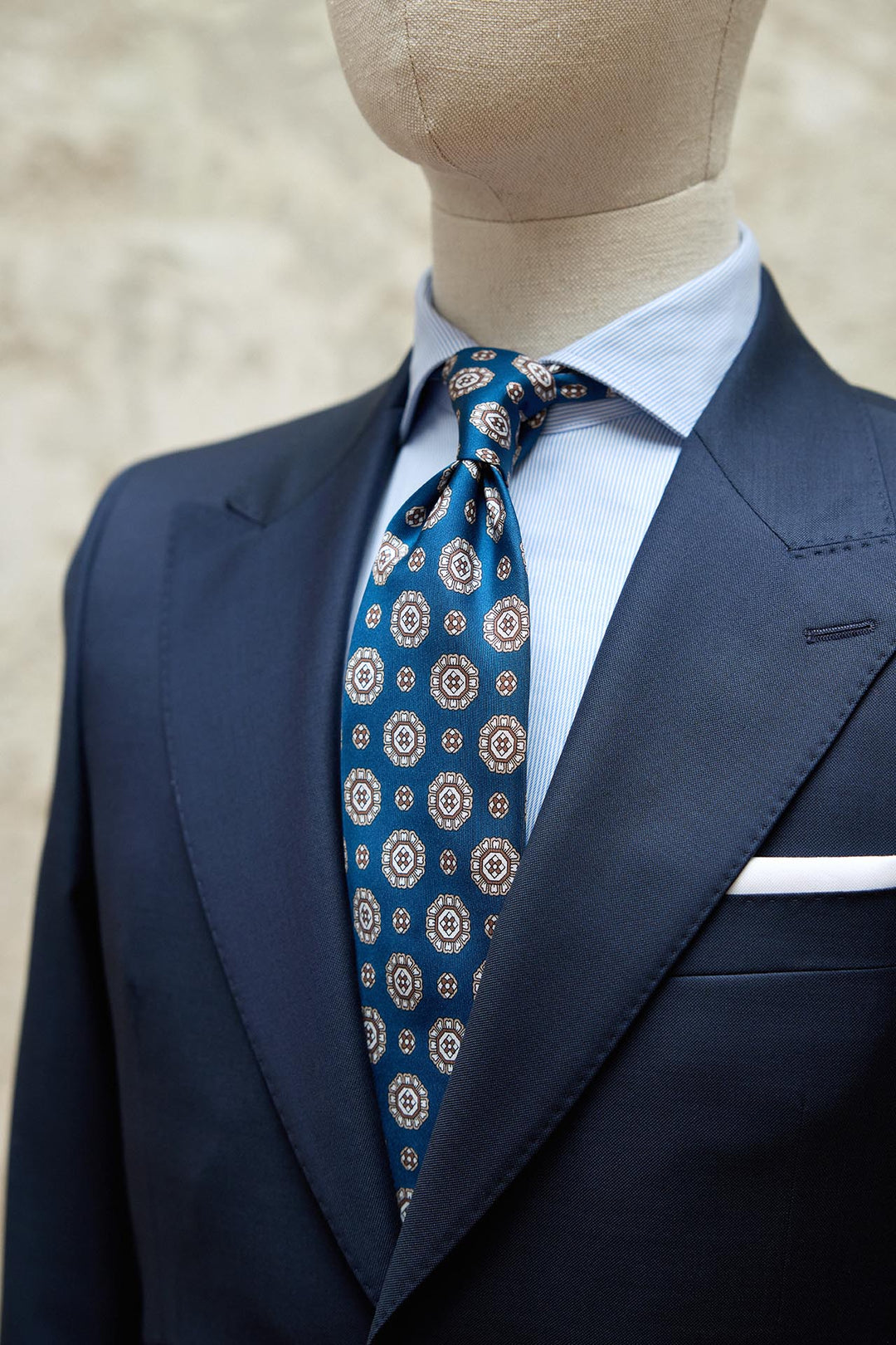 Napoli Navy Silk Tie Octagonal Medallion Latte and White