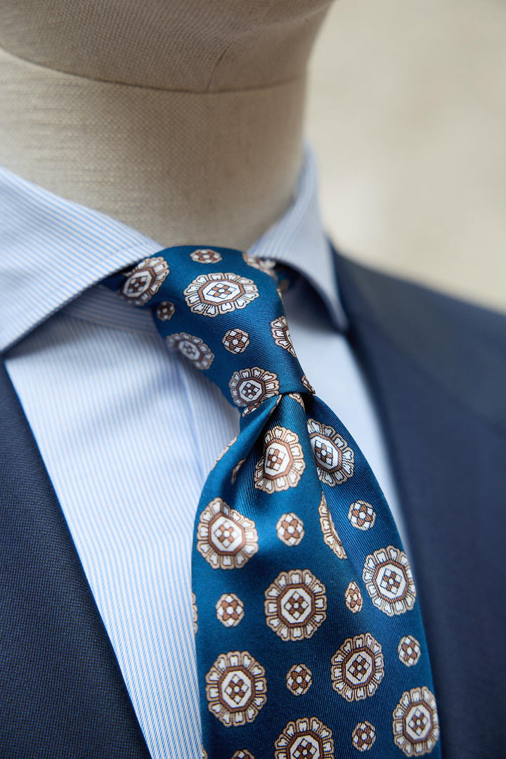 Napoli Navy Silk Tie Octagonal Medallion Latte and White