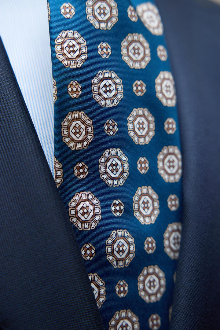 Napoli Navy Silk Tie Octagonal Medallion Latte and White