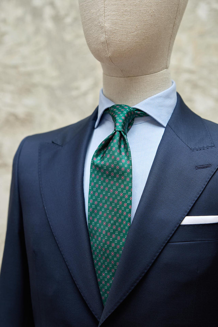 Napoli Green Silk Tie with Burgundy and Bone Shields