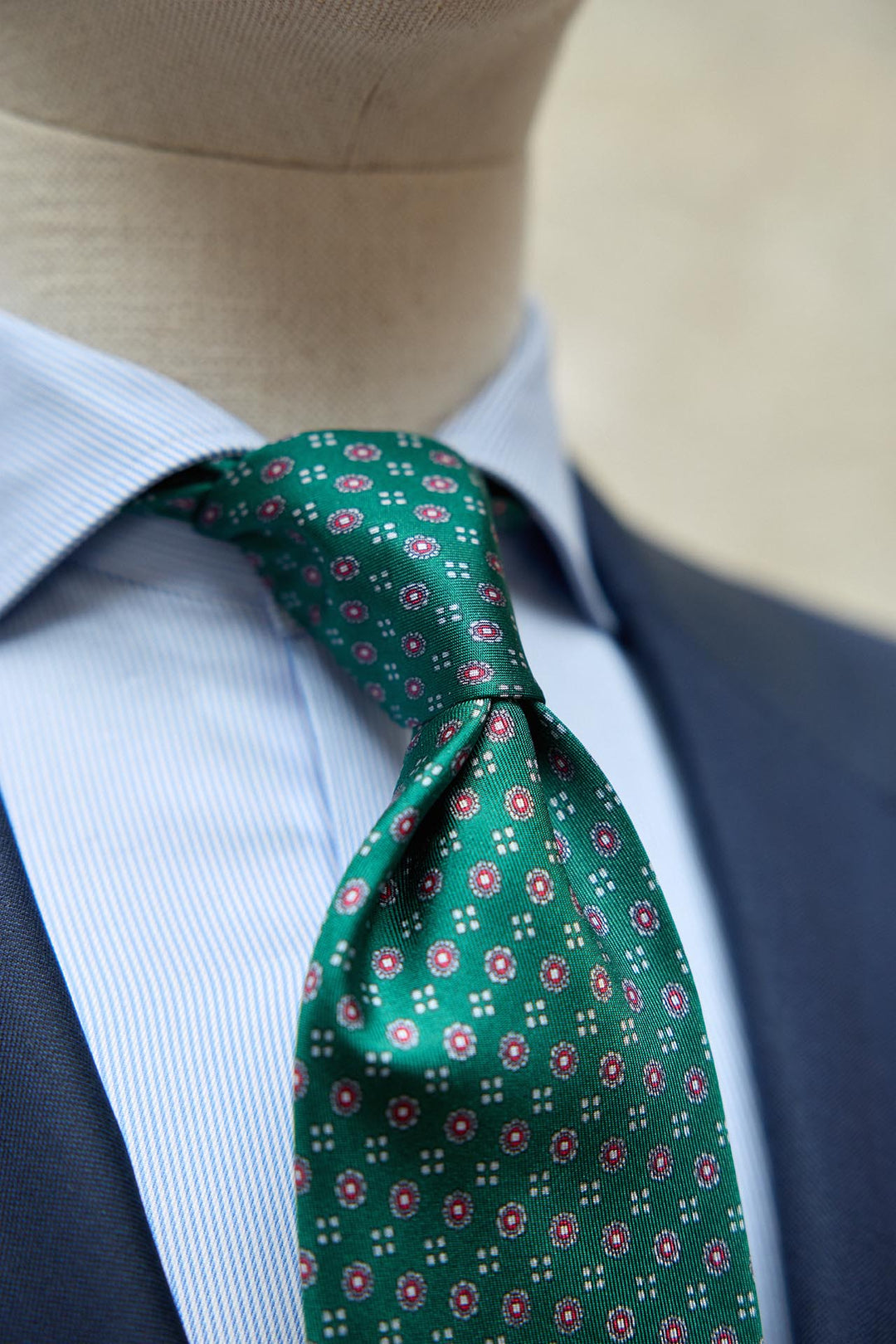 Napoli Green Silk Tie with Burgundy and Bone Shields