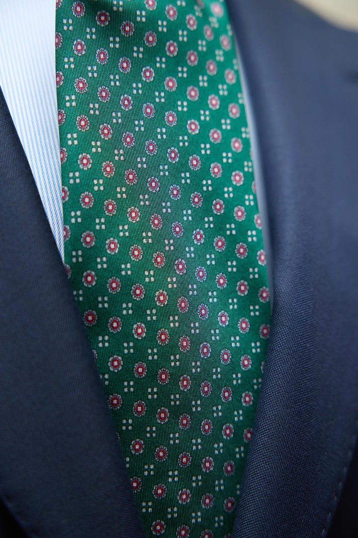 Napoli Green Silk Tie with Burgundy and Bone Shields