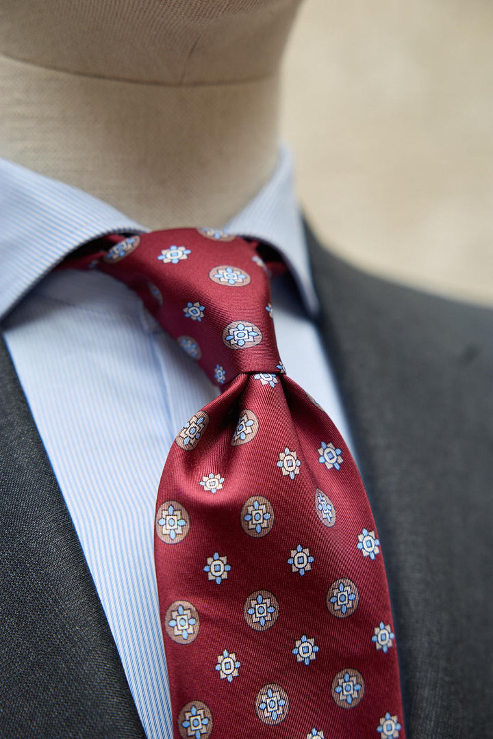 Napoli Red Silk Tie Mixed Circular Geometry Latte Tones