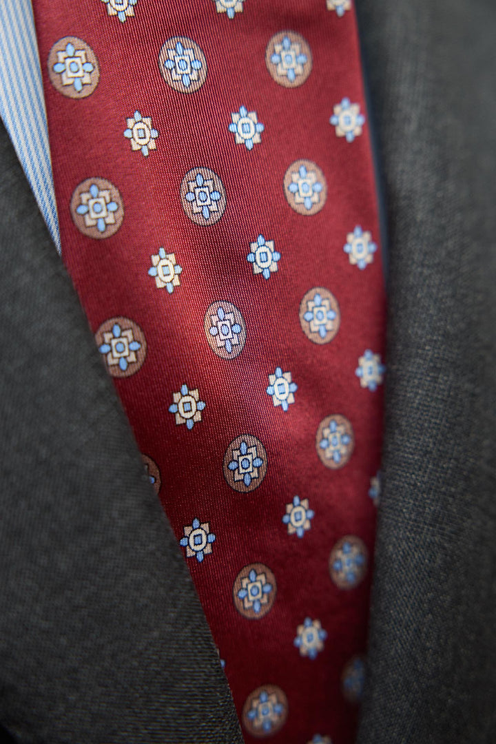 Napoli Red Silk Tie Mixed Circular Geometry Latte Tones