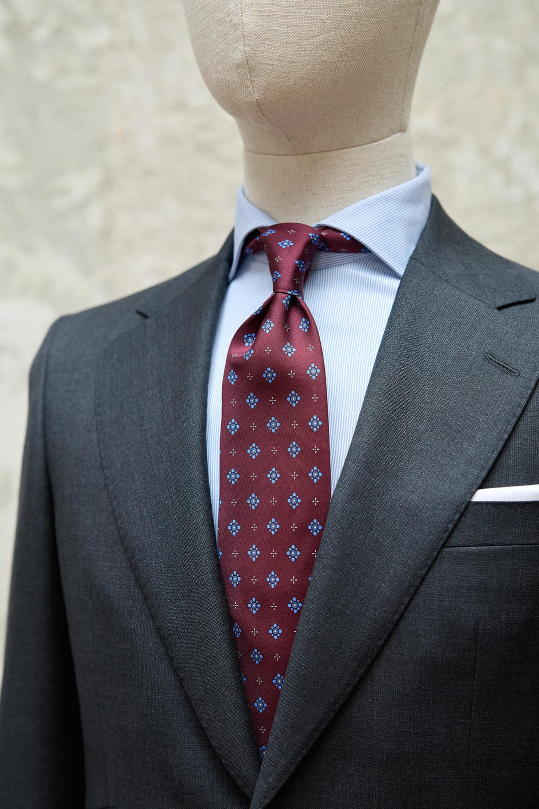 Napoli Burgundy Silk Tie Light Blue and White Geometry