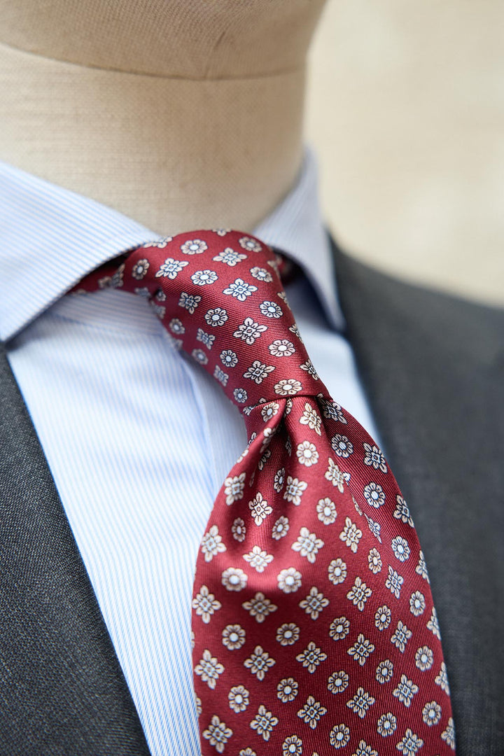 Napoli Silk Tie Burgundy Geometric Flowers White Bone