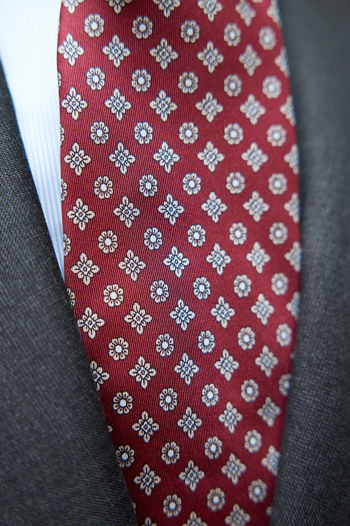 Napoli Silk Tie Burgundy Geometric Flowers White Bone