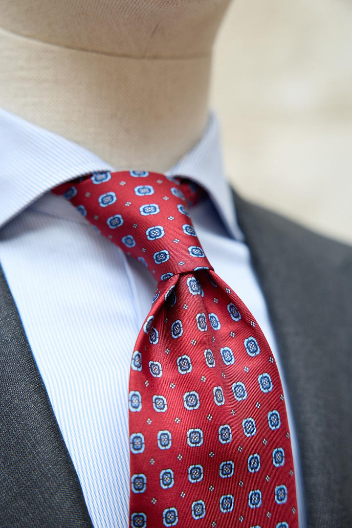 Napoli Silk Tie Crimson Red Concentric Geometry Light Blue