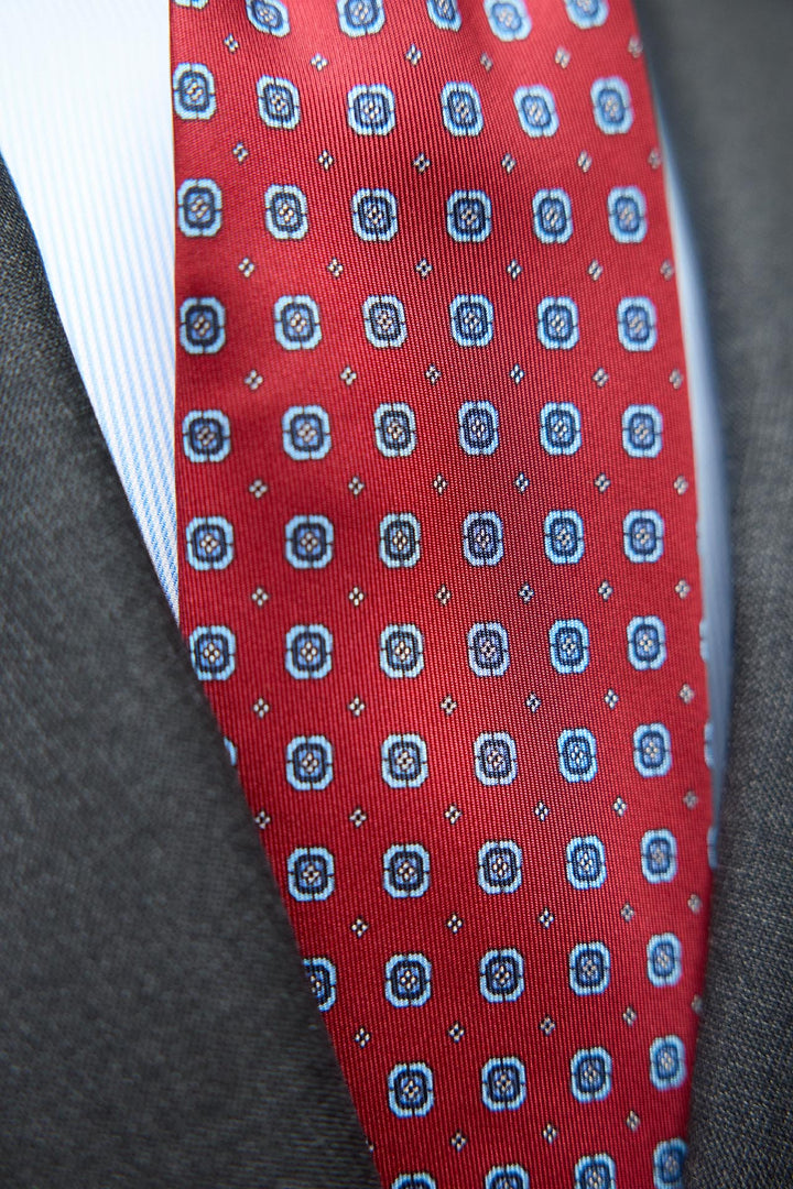 Napoli Silk Tie Crimson Red Concentric Geometry Light Blue